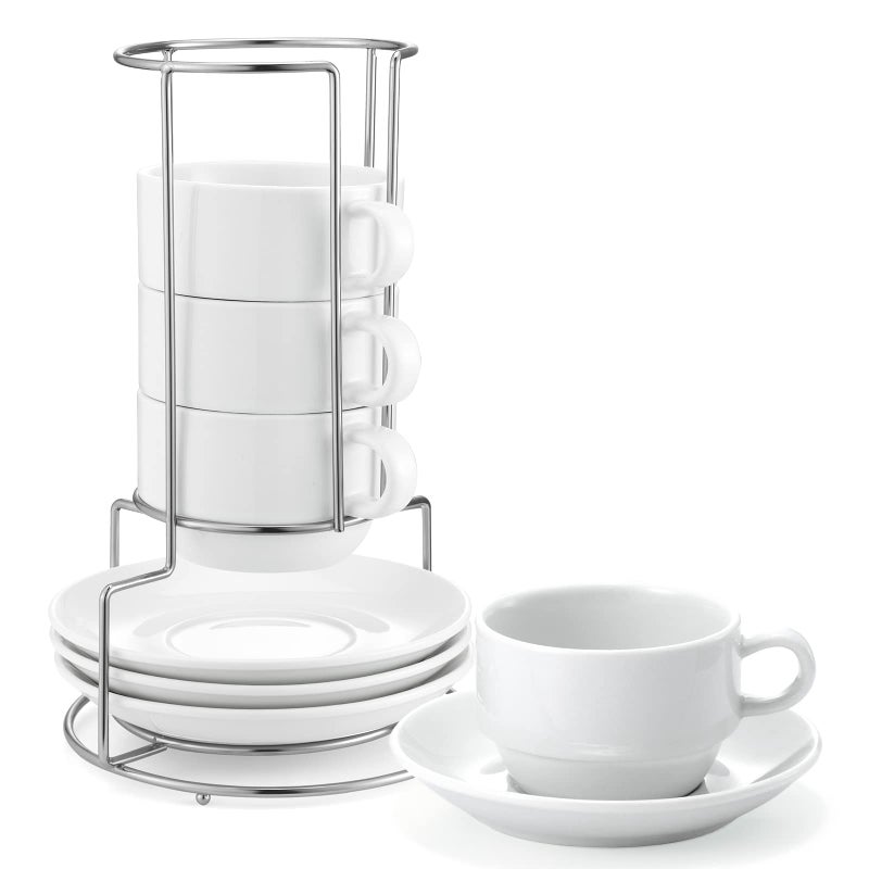 Yedio Porcelain 4 oz Espresso Coffee Cups with Saucers and Metal Stand Porcelain White Stackable Cappuccino Cups Set of 4