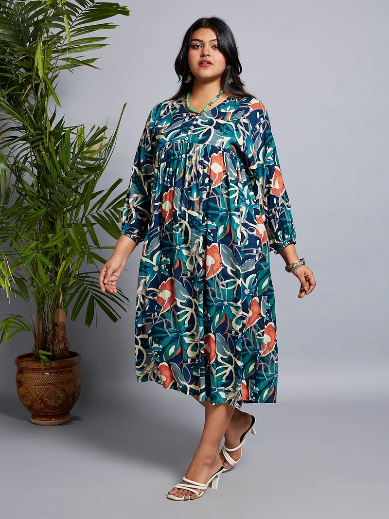 globus Gloplus Women V-Neck Floral Print Gathered A-Line Plus Size Midi Fusion Dress