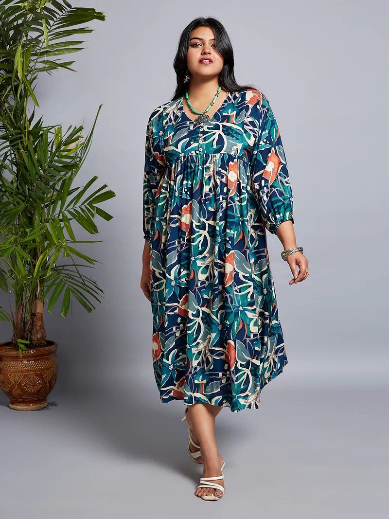 globus Gloplus Women V-Neck Floral Print Gathered A-Line Plus Size Midi Fusion Dress