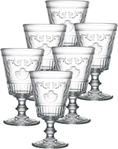 La Rochere Versailles Wine Glass Set of 6  Classic French Wine Glasses with Shell  Flower Motif  Elegant Pressed Glass Stemware for Wine Cocktails  Entertaining 75 Oz