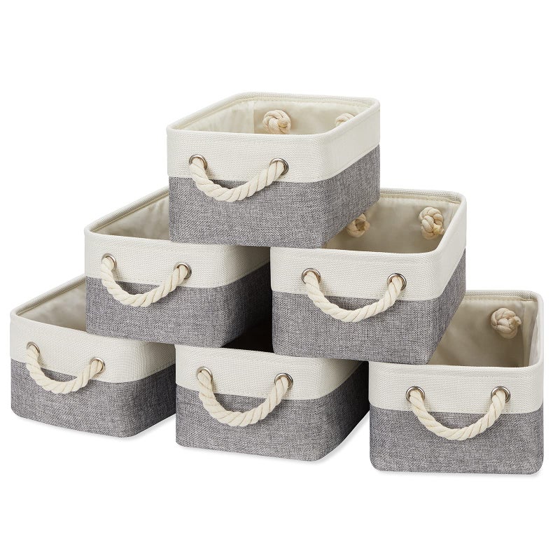 Temary Small Storage Baskets for Organizing Toys  6Pcs Small Storage Bins  Decorative Collapsible Fabric Gift Baskets Empty for Home  Office  Nursery (White&Grey 11.8L x 7.9W x 5.3H inches) - Image 1
