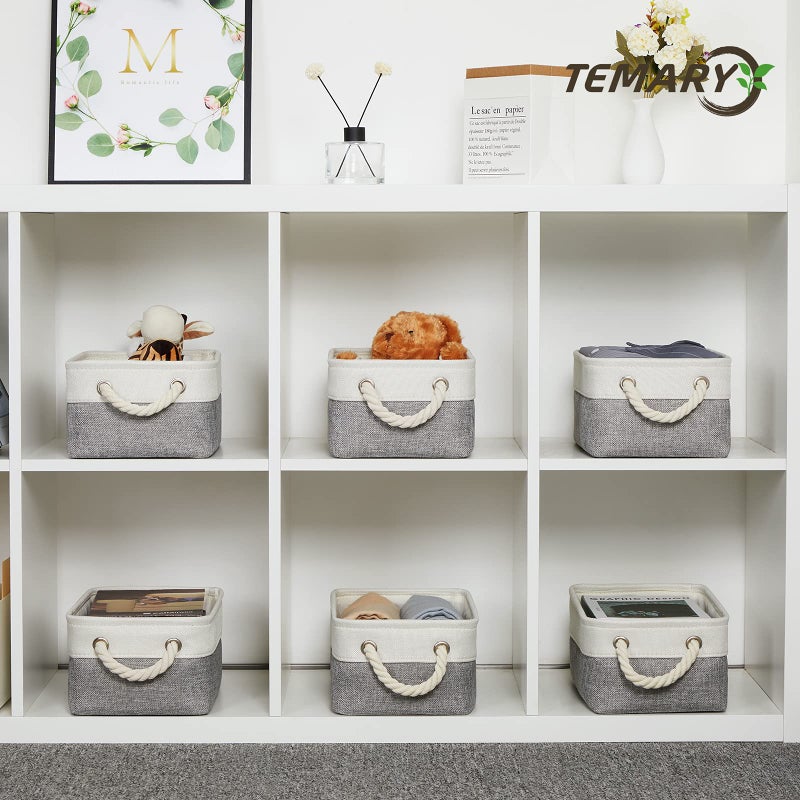 Temary Small Storage Baskets for Organizing Toys  6Pcs Small Storage Bins  Decorative Collapsible Fabric Gift Baskets Empty for Home  Office  Nursery (White&Grey 11.8L x 7.9W x 5.3H inches) - Image 5