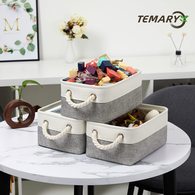 Temary Small Storage Baskets for Organizing Toys  6Pcs Small Storage Bins  Decorative Collapsible Fabric Gift Baskets Empty for Home  Office  Nursery (White&Grey 11.8L x 7.9W x 5.3H inches) - Image 4