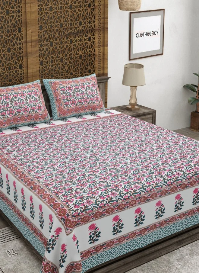 CLOTHOLOGY CLOTHOLOGY Green Floral Pure Cotton 180 TC King Size Bedsheet with 2 Pillow Covers