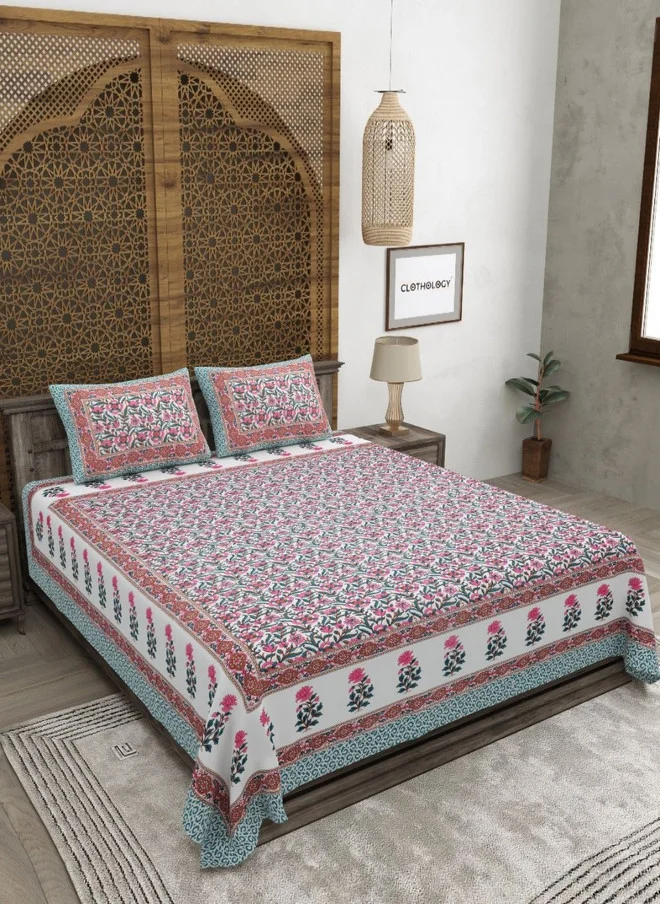 CLOTHOLOGY CLOTHOLOGY Green Floral Pure Cotton 180 TC King Size Bedsheet with 2 Pillow Covers