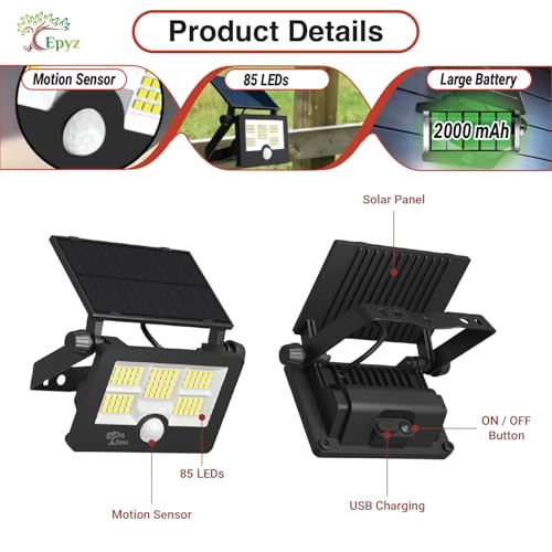 Epyz 20Watt Solar Flood Light Outdoor Waterproof with USB Type-C Charging Cable for Home Garden Wall Compound Entrance Automatic LED Lamp [ Pack of 1, White Light ] [ 2000mAh, 85LED ] - Image 5