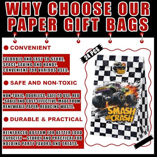BonBeeDesign Monster Truck Party Favor Bags, 24 Pack Truck Goodie Bags with Stickers for Birthday Party Decorations, Racing Candy Treat Bags for Kids Snacks - Image 2