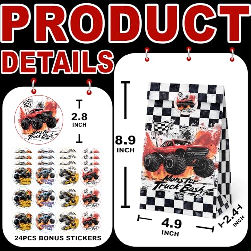 BonBeeDesign Monster Truck Party Favor Bags, 24 Pack Truck Goodie Bags with Stickers for Birthday Party Decorations, Racing Candy Treat Bags for Kids Snacks - Image 3