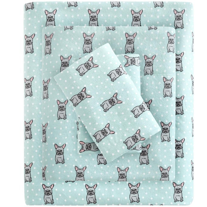 TRUE NORTH BY COZY FLANNEL WARM 100 COTTON SHEET NOVELTY PRINT ANIMALS STARS CUTE ULTRA SOFT COLD WEATHER BEDDING SET FULL AQUA FRENCH BULLDOG 4 PIECE