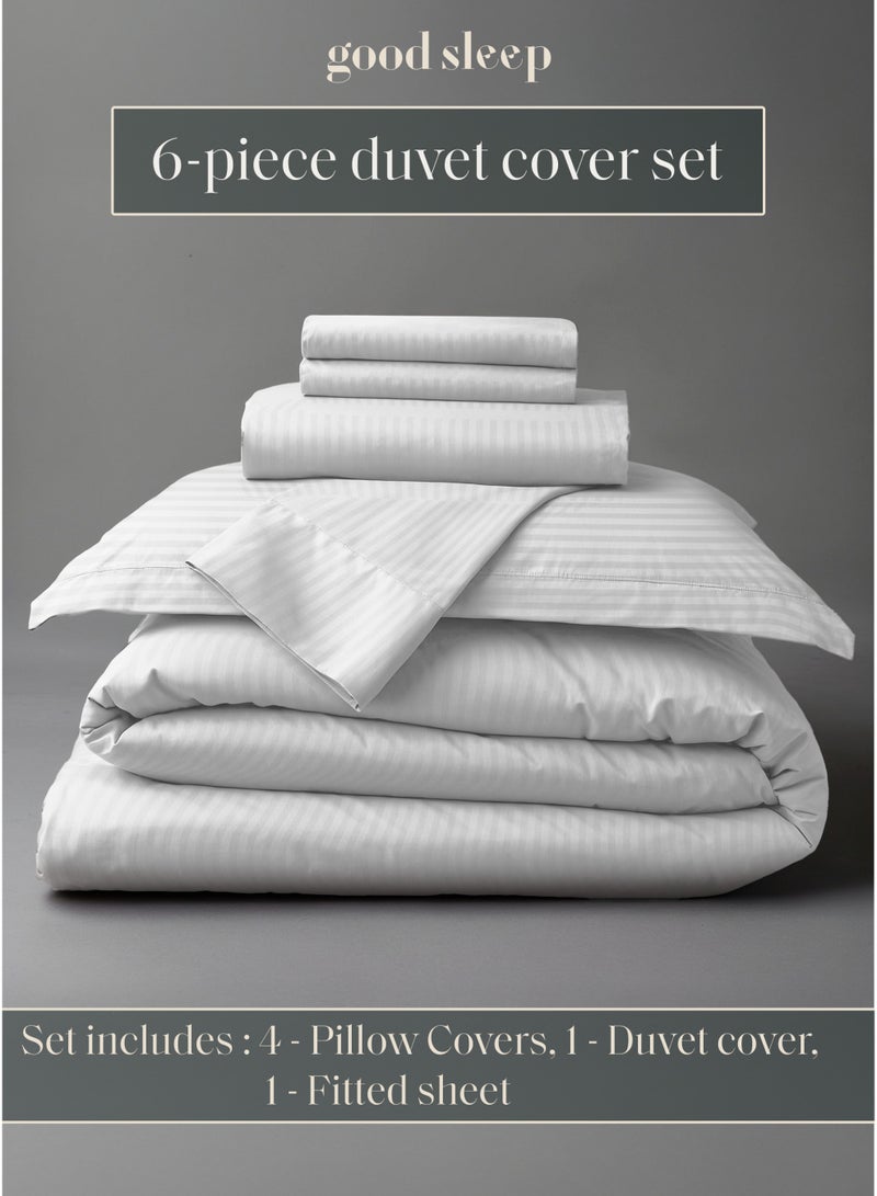 Good Sleep Premium Striped Duvet Set 6Piece White King Size 220x240 cm UltraSoft WrinkleResistant Made in Dubai Includes Duvet Cover Fitted Sheet 4 Pillowcases - Image 1