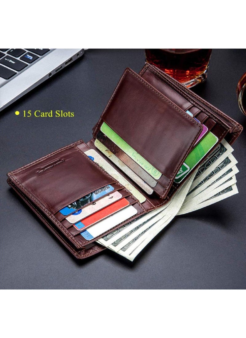 CONTACTS - Men's Genuine Leather Wallet   RFID Blocking Wallet 14 Card Slots  1 ID Window and Large Capacity Can Hold 50 Currency Notes - Image 1