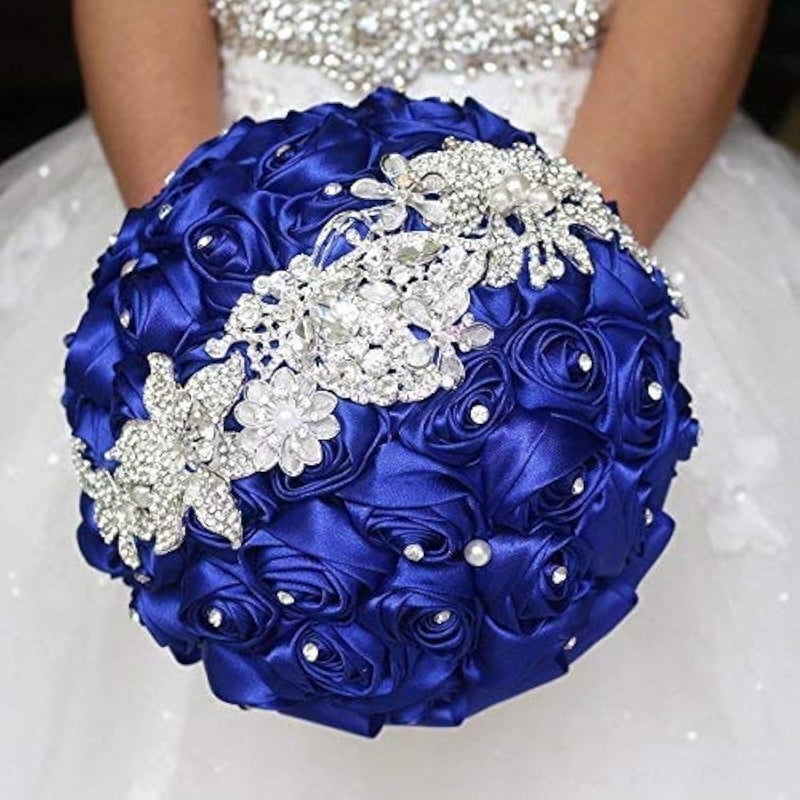 IFFO Bride Holding Flowers, Romantic Wedding Colorful Rose Bride 's Bouquet,Purple Pink Bridal Bouquets (Royal Blue)