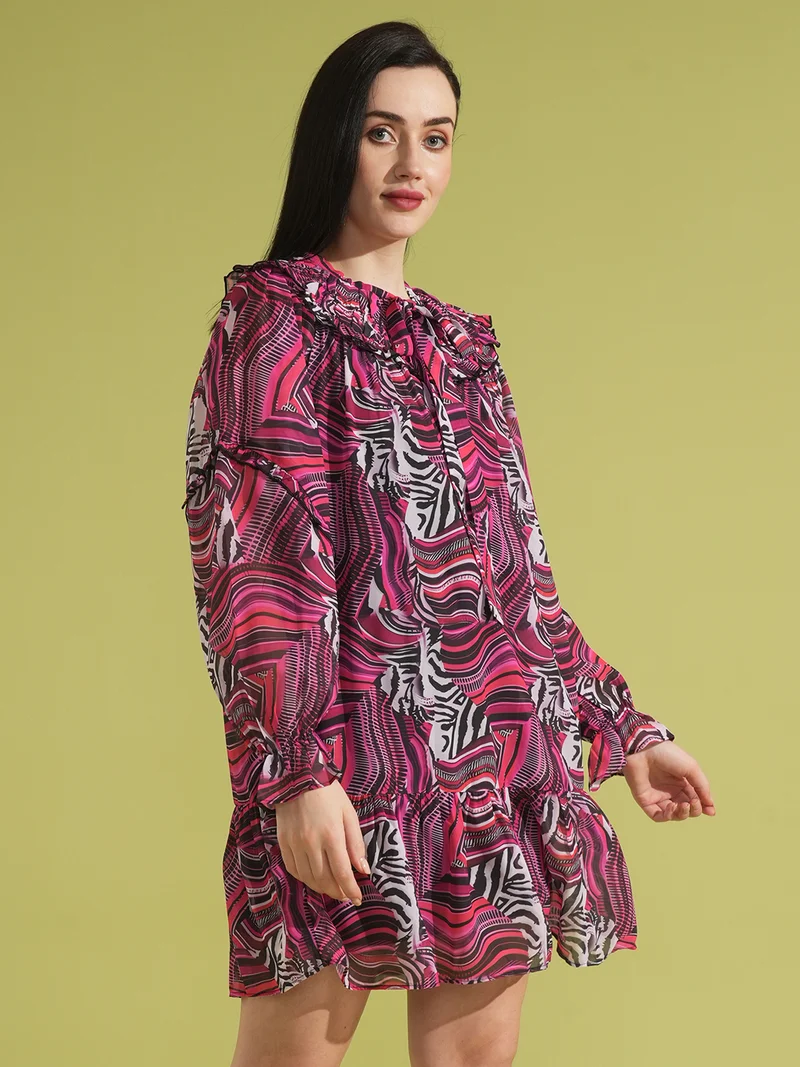 جلو باص فستان نسائي - بياقة مربوطة وطبعات مجردة وكشكشة