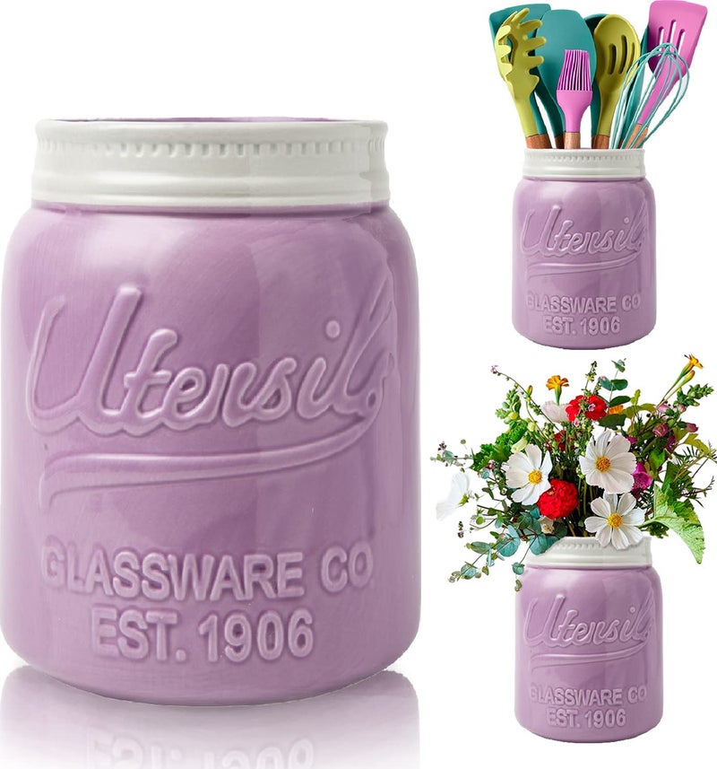 Comfify Wide Mouth Mason Jar Utensil Holder Decorative Kitchenware Organizer Crock  Chip Resistant Ceramic  Dishwasher Safe - Kitchen Caddy Purple  Large Size 7"" High - Image 1