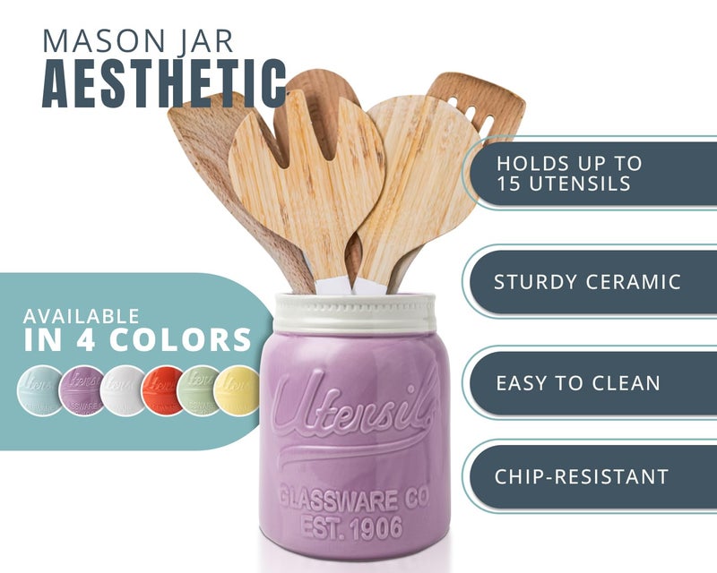 Comfify Wide Mouth Mason Jar Utensil Holder Decorative Kitchenware Organizer Crock  Chip Resistant Ceramic  Dishwasher Safe - Kitchen Caddy Purple  Large Size 7"" High - Image 2