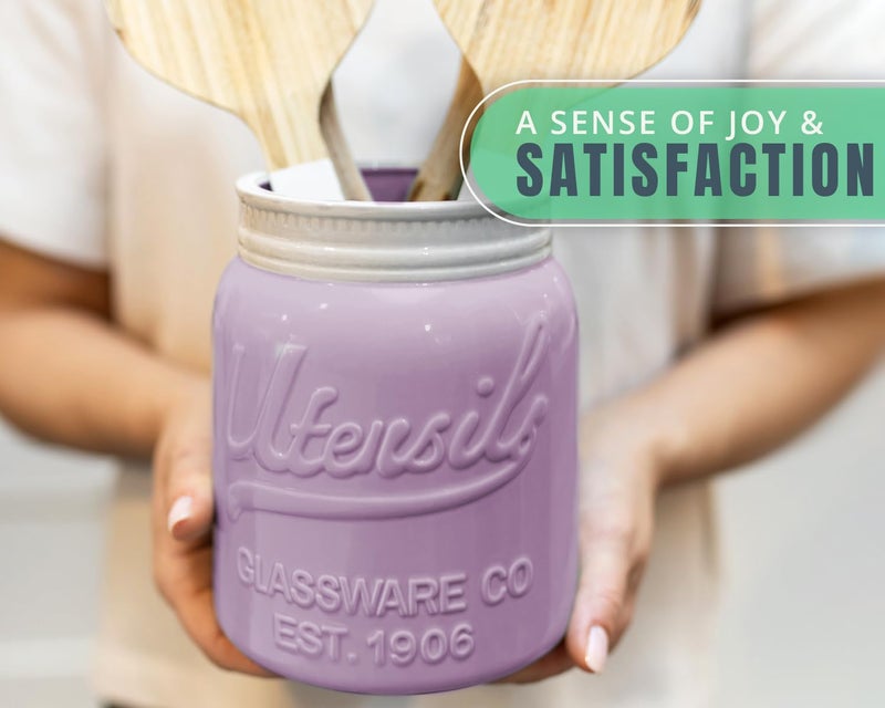 Comfify Wide Mouth Mason Jar Utensil Holder Decorative Kitchenware Organizer Crock  Chip Resistant Ceramic  Dishwasher Safe - Kitchen Caddy Purple  Large Size 7"" High - Image 5