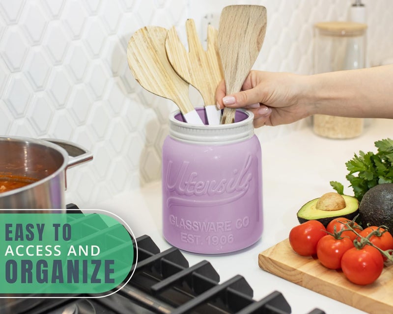 Comfify Wide Mouth Mason Jar Utensil Holder Decorative Kitchenware Organizer Crock  Chip Resistant Ceramic  Dishwasher Safe - Kitchen Caddy Purple  Large Size 7"" High - Image 4