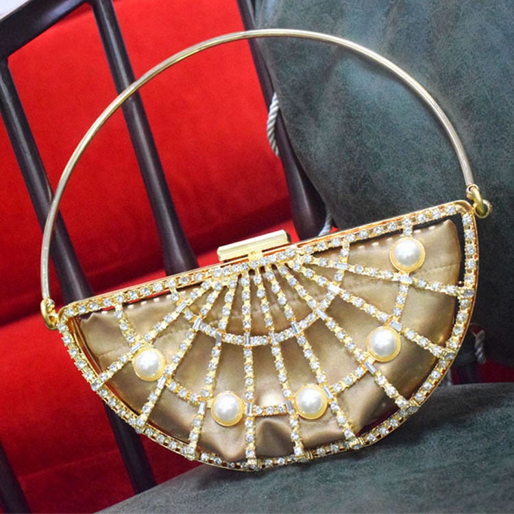 New Fashion Hollow Metal Half Moon Pearl Small Crowdsourcing Diy Raffy Bag Distinctive Handbag Banquet Bag Women'S Bag - Image 2