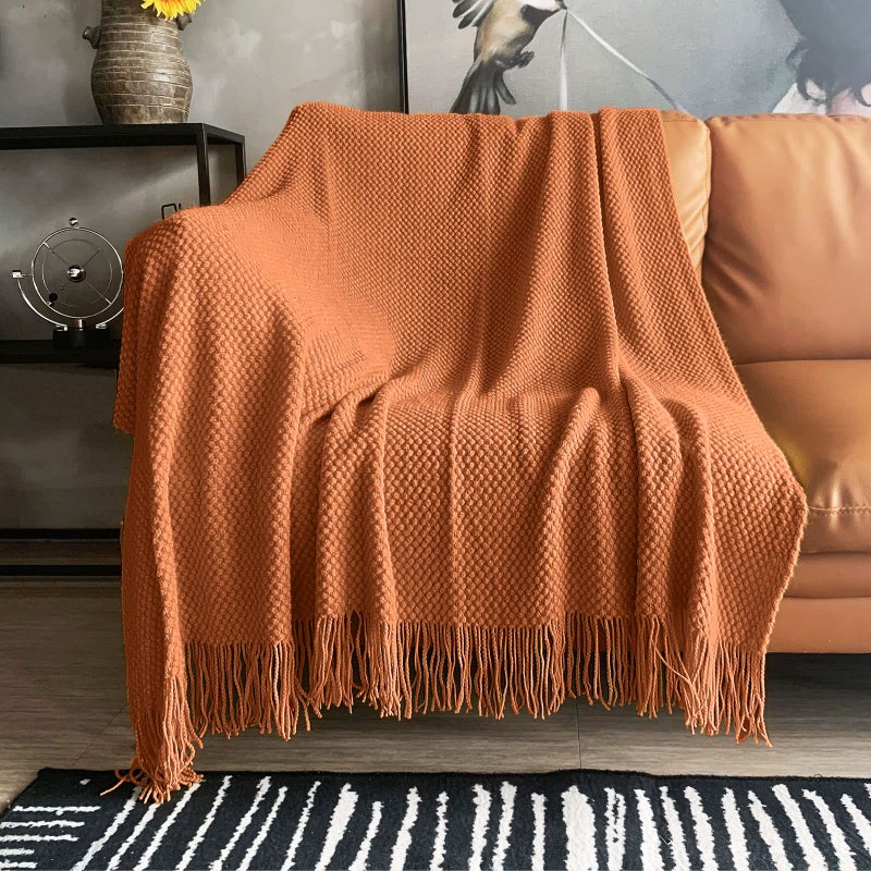 LOMAO Knitted Throw Blanket with Tassels Bubble Textured Lightweight Throws for Couch Cover Home Decor Orange 50x60