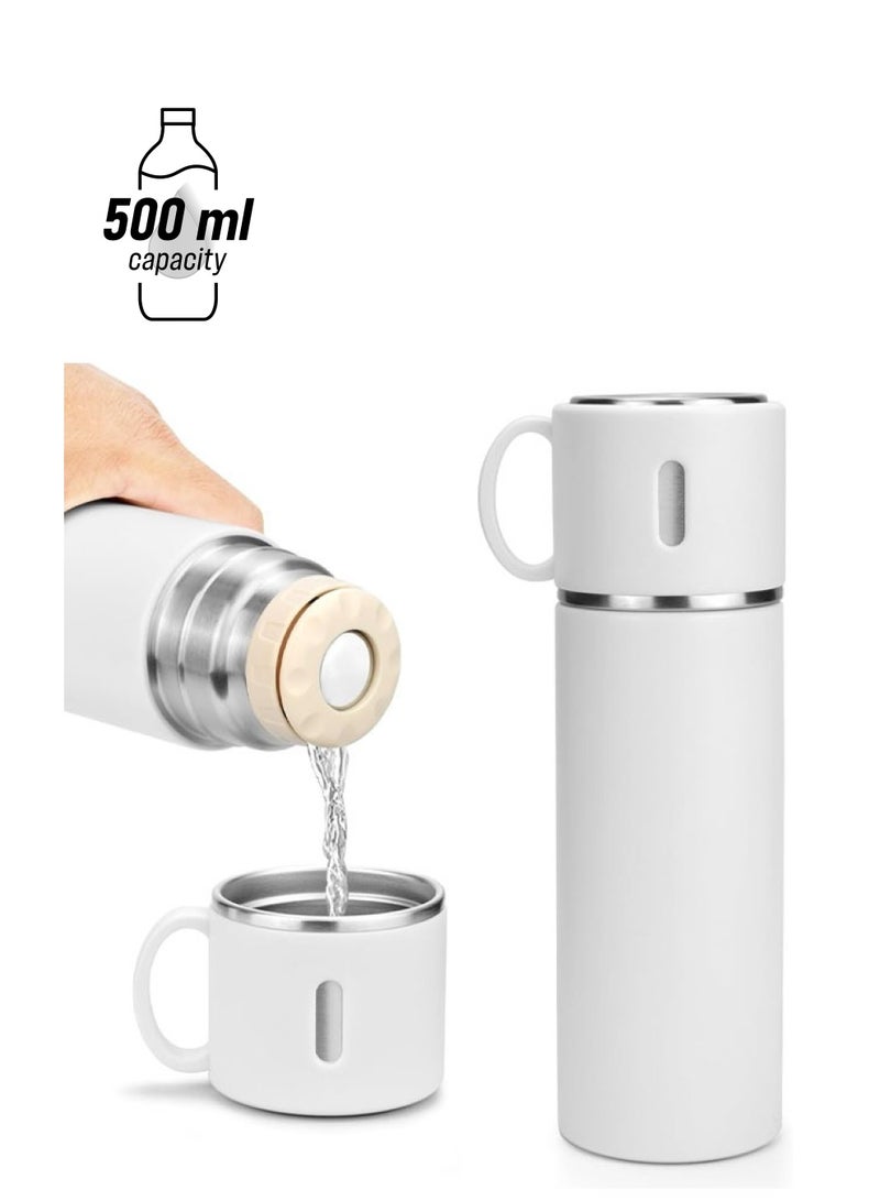 Stainless Steel Water Bottle, Insulated Travel Mug with Leakproof Cup Lid u0026 Handle, 500ml Double Walled Vacuum Flask, Coffee Cup Drink Bottle Keep 12h Hot u0026 Cold for Gym Home Office Outdoor, White - Image 1