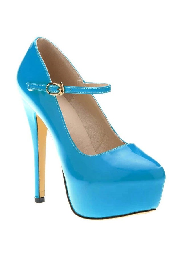 Loquat Candy-Colored Matte PU Waterproof Platform High Heels 14cm Blue  - Image 1