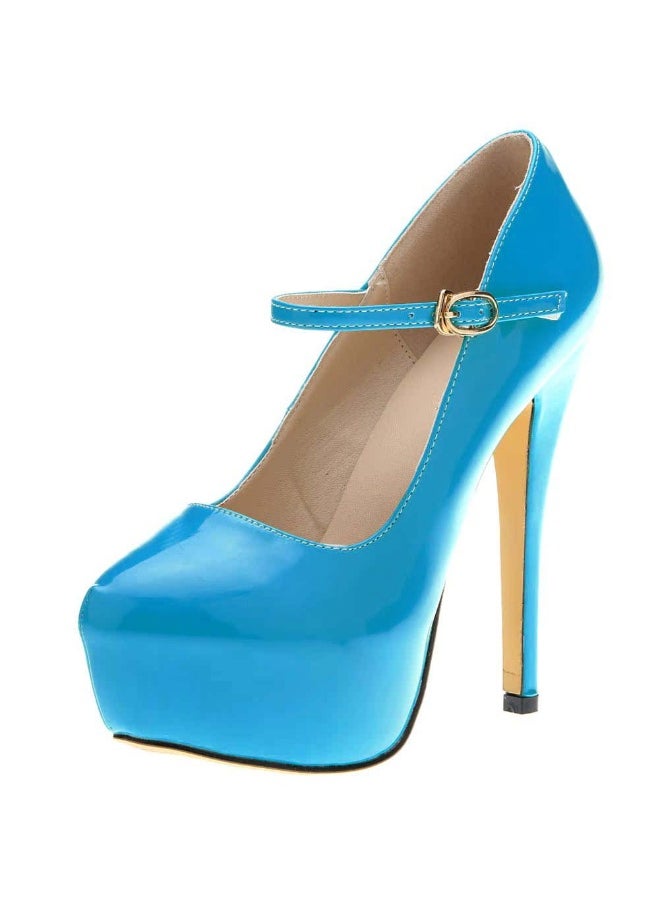 Loquat Candy-Colored Matte PU Waterproof Platform High Heels 14cm Blue  - Image 2