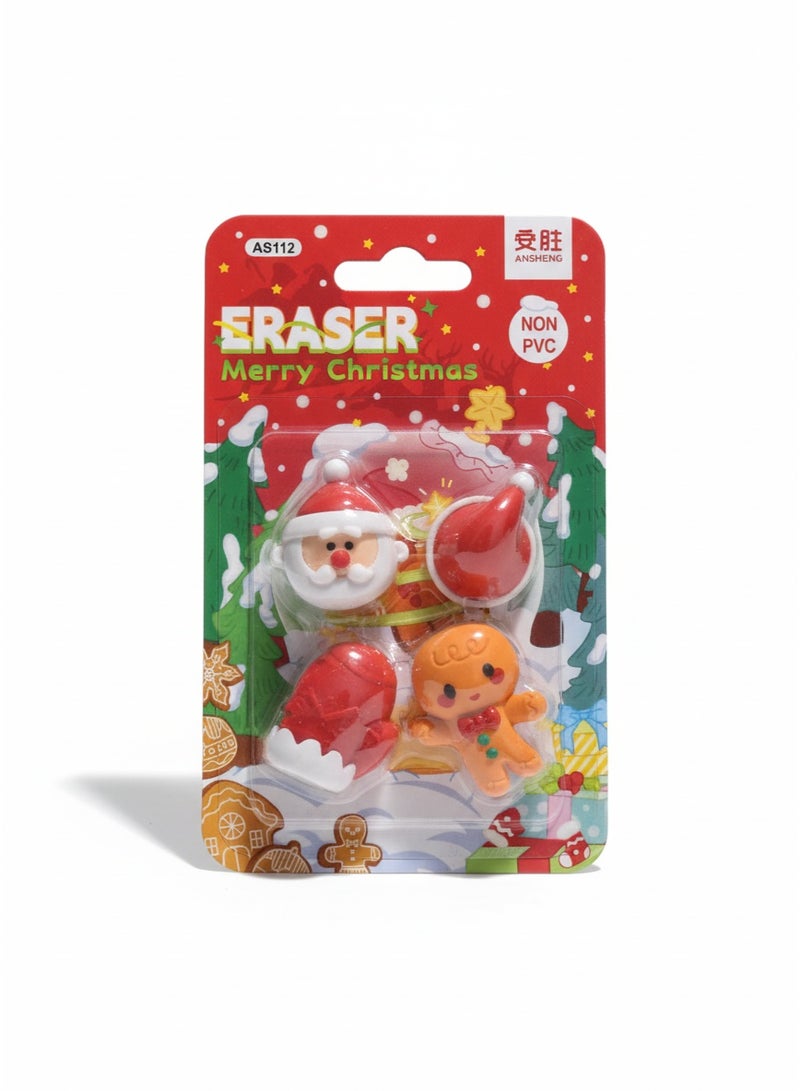 مجموعة ممحاة أدوات مكتبية بتصميم عيد الميلاد، 4 قطع، غير سامة وخالية من مادة PVC، بتصاميم عطلات لطيفة للأطفال، لوازم مدرسية، هدايا موسمية ممتعة، إكسسوارات مكتبية احتفالية - متعددة الألوان - Image 1