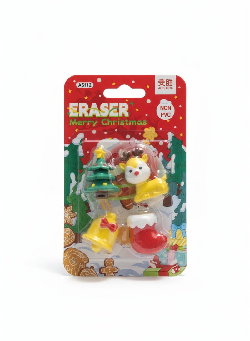 مجموعة ممحاة أدوات مكتبية بتصميم عيد الميلاد، 4 قطع، غير سامة وخالية من مادة PVC، بتصاميم عطلات لطيفة للأطفال، لوازم مدرسية، هدايا موسمية ممتعة، إكسسوارات مكتبية احتفالية - متعددة الألوان - Image 2