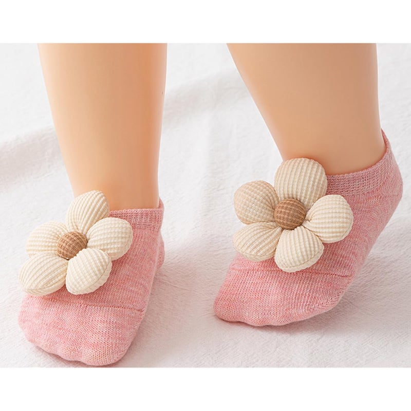 WillingTee 4Packs Baby Girls Socks,Flower Non-Slip Grips for Babies Toddler Princess Low Cut Ankle Socks for Girls (Beige) - Image 2