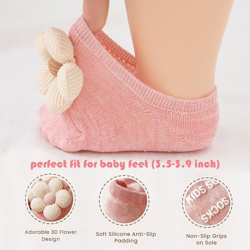 WillingTee 4Packs Baby Girls Socks,Flower Non-Slip Grips for Babies Toddler Princess Low Cut Ankle Socks for Girls (Beige) - Image 3