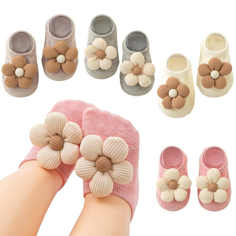 WillingTee 4Packs Baby Girls Socks,Flower Non-Slip Grips for Babies Toddler Princess Low Cut Ankle Socks for Girls (Beige) - Image 1
