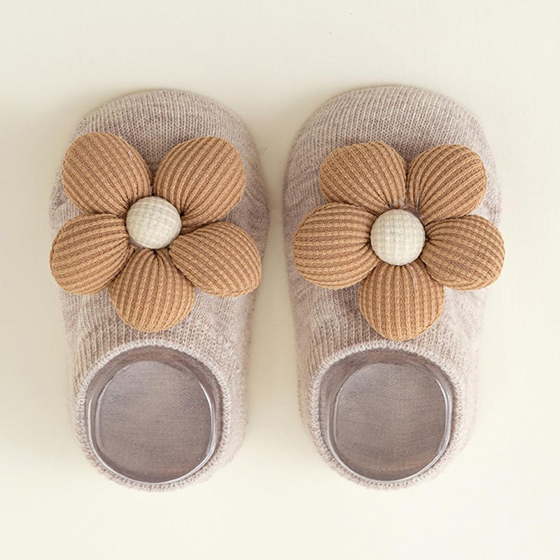 WillingTee 4Packs Baby Girls Socks,Flower Non-Slip Grips for Babies Toddler Princess Low Cut Ankle Socks for Girls (Beige) - Image 5