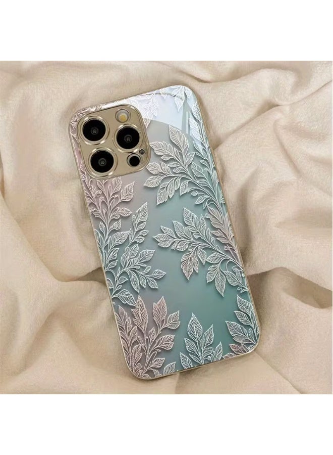 Temu Artistic phone case with a gradient floral design and a new silver finish. Made of tempered glass, it offers full camera lens coverage. Stylish, elegant, shockproof, and scratch-resistant. Compatible with iPhone 15 Pro Max. - Image 1