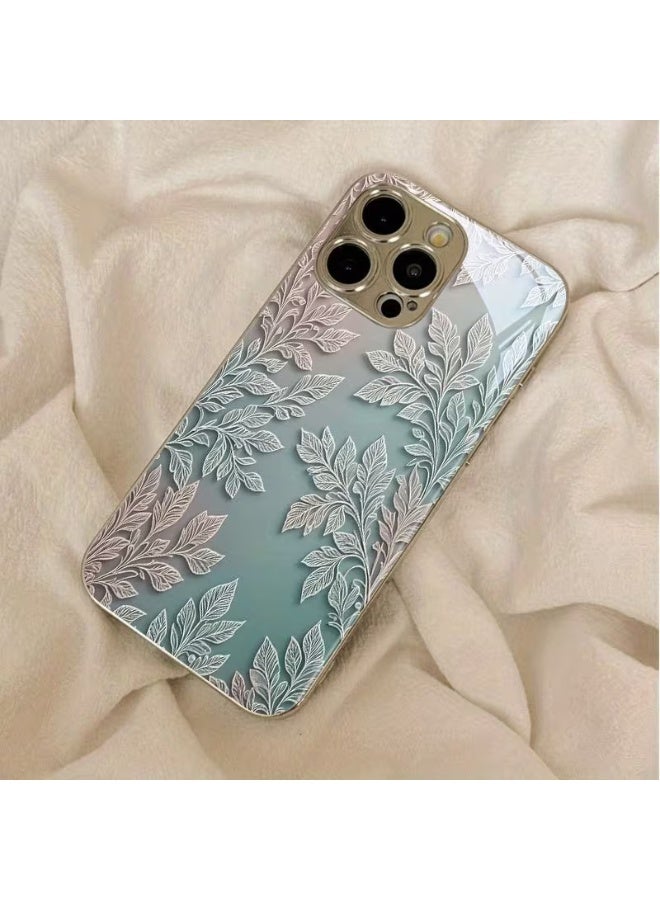 Temu Artistic phone case with a gradient floral design and a new silver finish. Made of tempered glass, it offers full camera lens coverage. Stylish, elegant, shockproof, and scratch-resistant. Compatible with iPhone 15 Pro Max. - Image 2