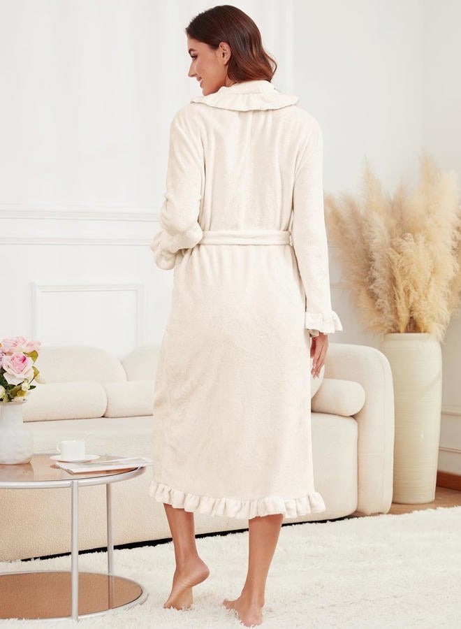 Gihuo Women's Long Fleece Bathrobe Fluffy Warm Ruffle Bath Robe Loungewear, Beige, L - Image 5