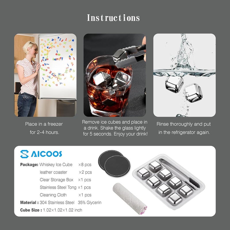 SAICOOS Reusable Stainless Steel Ice Cubes for Drinks Christmas Gifts - Metal Whiskey Stones, High Cooling Technology, for Whiskey, Vodka, Liqueurs, Wine, Beverage Juice or Soda, 8 Pack - Image 5