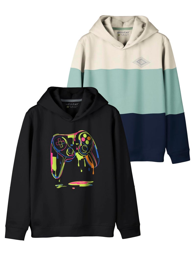 HELLCAT Trendy Printed Cotton Blend Hoodie Sweatshirt for Boys - Pack of 2_Black/Sea Green_13-14 Years - Image 1