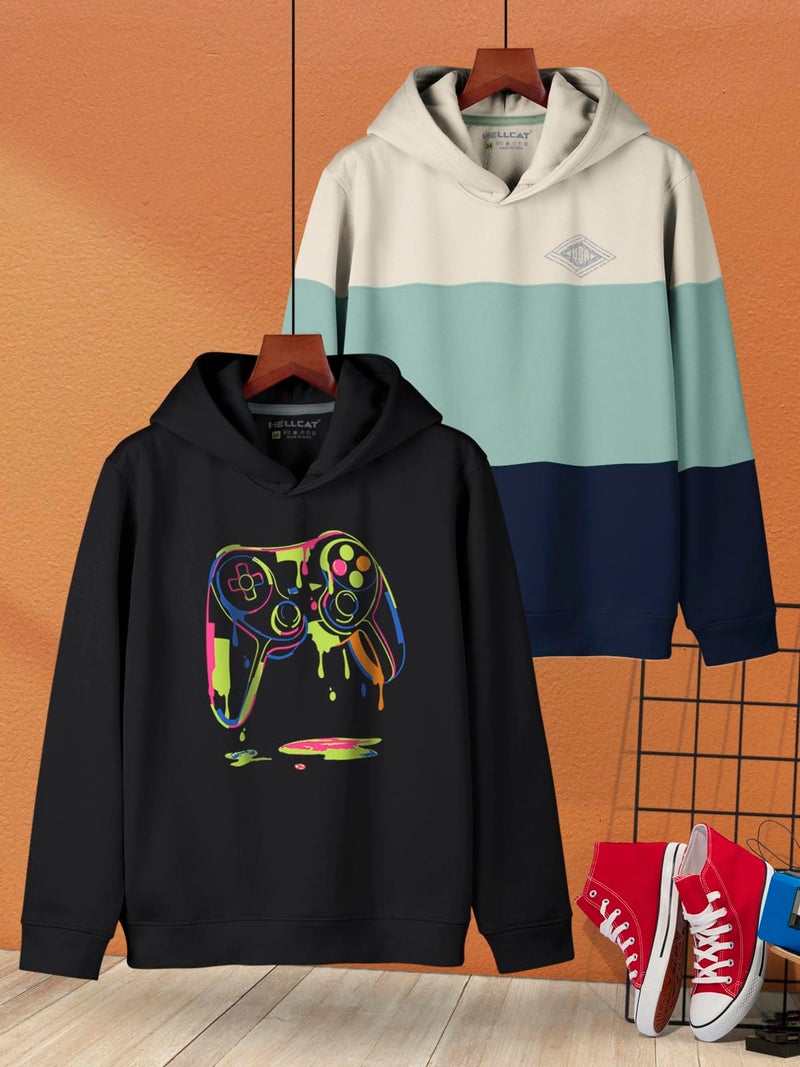 HELLCAT Trendy Printed Cotton Blend Hoodie Sweatshirt for Boys - Pack of 2_Black/Sea Green_13-14 Years - Image 2