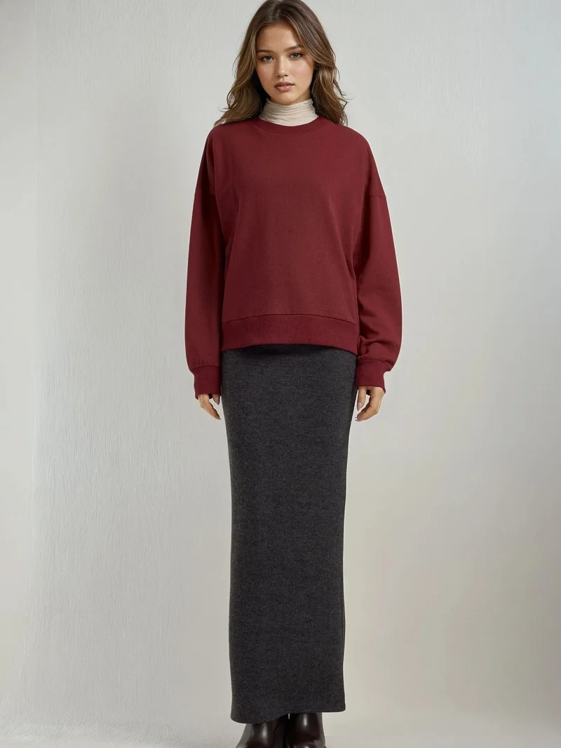Hiccup Dark Grey Elastic Waist Soft Textured Skirt with Slit for Women | Best Price UAE