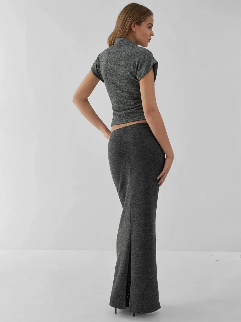 Hiccup Dark Grey Elastic Waist Soft Textured Skirt with Slit for Women | Best Price UAE