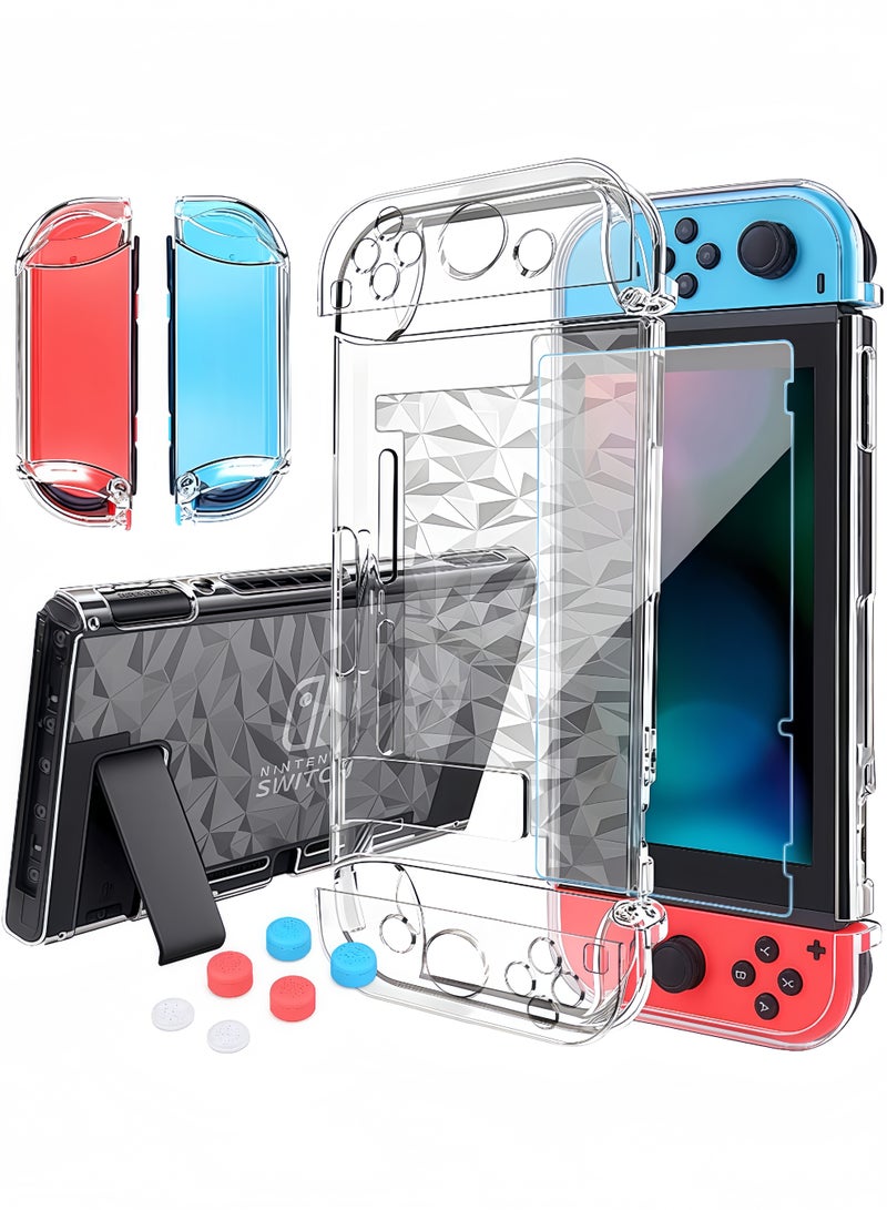 Peachjoy Case Compatible for Nintendo Switch - Dockable Clear Protective Cover With Tempered Glass Screen Protector and Thumb Stick Caps for Controller - Image 1