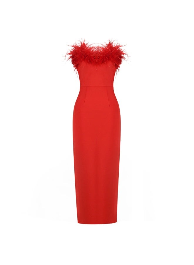NIBEMINENT Modern Fashion Prom Dress Strapless Feathers Ankle Length Brithday Dress - Image 1