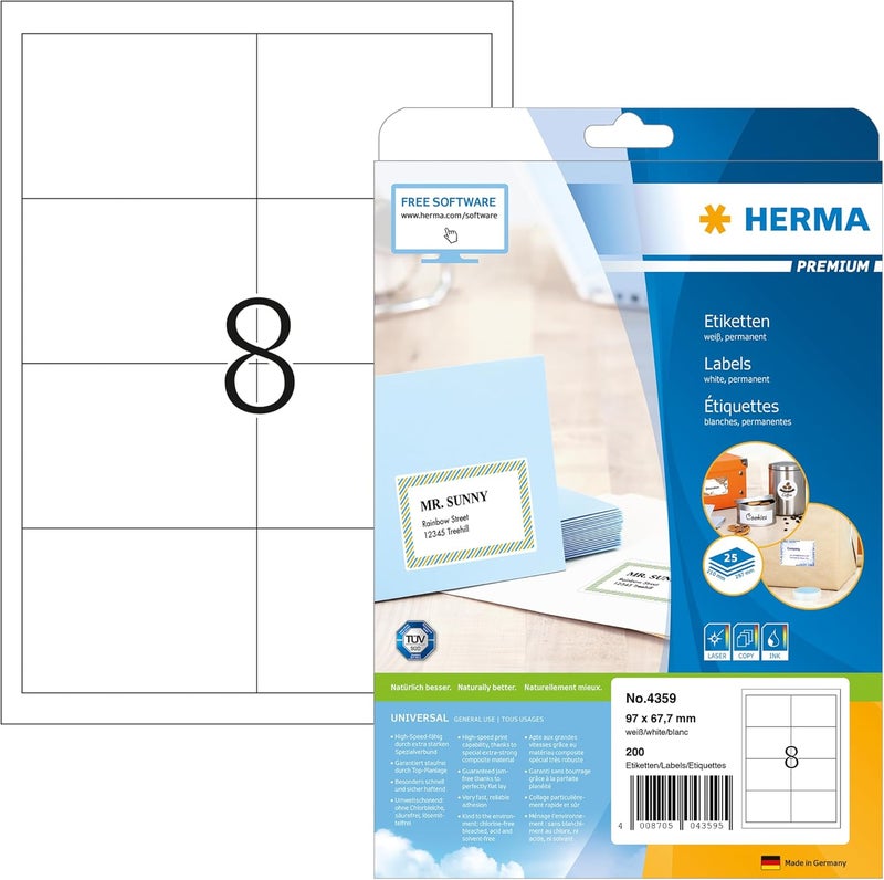 Herma 4359 Self Adhesive Shipping Labels, 8 Labels per A4 Sheet, 25 Sheets, 97 x 67.7 mm, 200 Labels, Blank Parcel Labels Stickers, Sticky Labels for Laser & Inkjet Printer, White - Image 1
