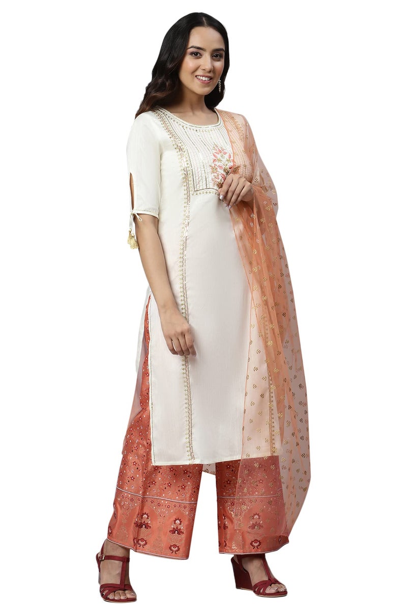 Aurelia Women Liva Off-White Sequined Kurta & Palazzo With Dupatta_22Aud10485-703078_S - Image 4