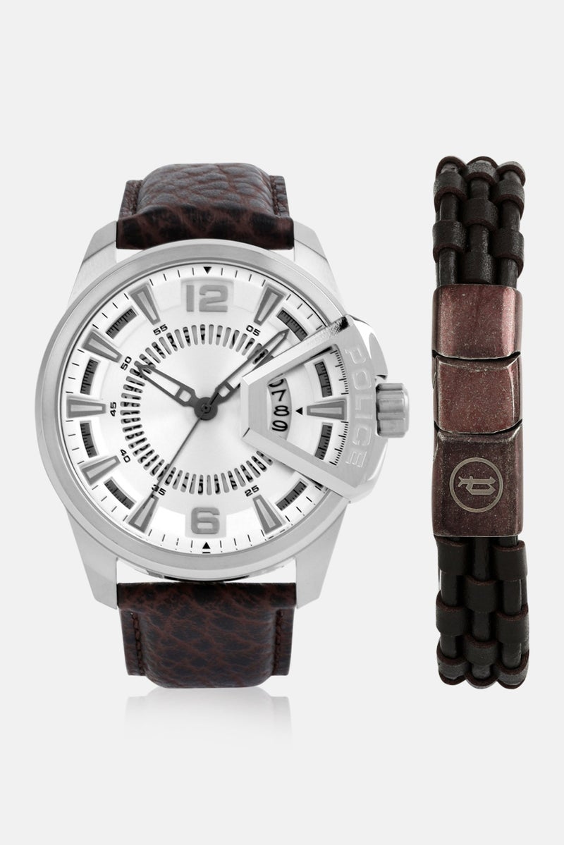 POLICE Men PEWJB0005601 Leather Analog Watch 45 mm With Bracelet, Brown - Image 1