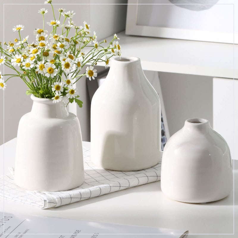 hjn Small White Vase Set of 3 for Modern Home Decor,Ceramic Vases for Centerpieces Flower Vases for Living Room Wedding/Dinner Table/Party -White - Image 1