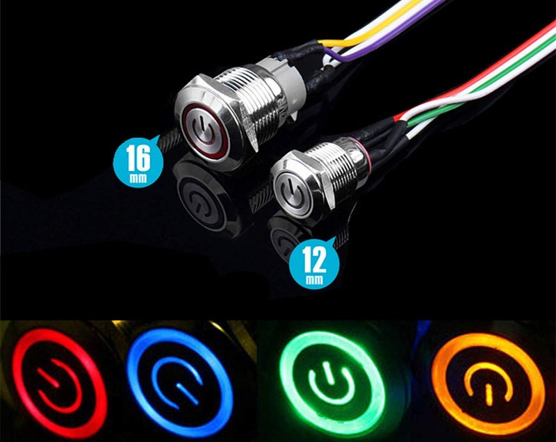 NOYITO 12mm Chassis Switch Metal Button Switch with 22inchs Extension Cable Red Yellow Blue Green Switch Symbol Suitable for Computer DIY Switch (12mm, Blue Symbol) - Image 2
