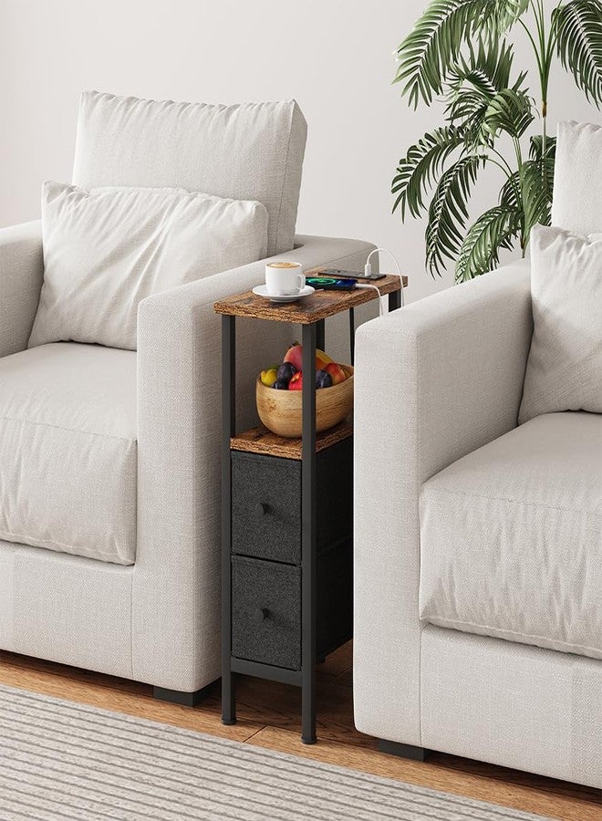 VIMBER Narrow Side Table for Small Spaces, Skinny End Table with Charging Station, Sofa Beside Table with 2 Drawers 1 Open Compartment, Slim Nightstand with USB Ports Outlet, Rustic and Brown UTBT005FV2 - Image 2