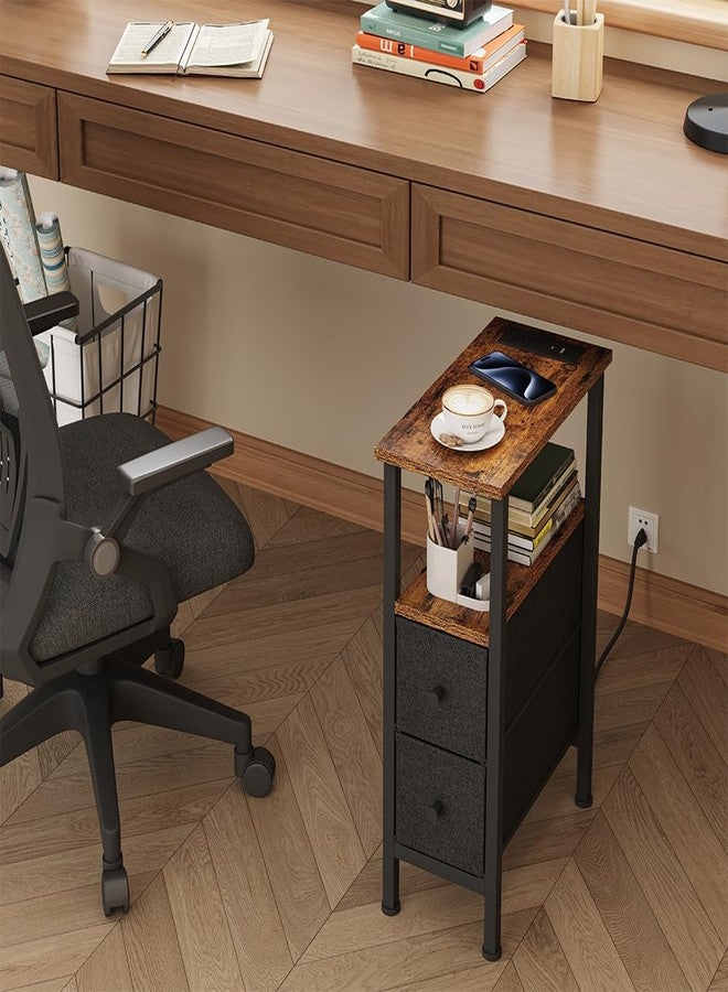 VIMBER Narrow Side Table for Small Spaces, Skinny End Table with Charging Station, Sofa Beside Table with 2 Drawers 1 Open Compartment, Slim Nightstand with USB Ports Outlet, Rustic and Brown UTBT005FV2 - Image 3