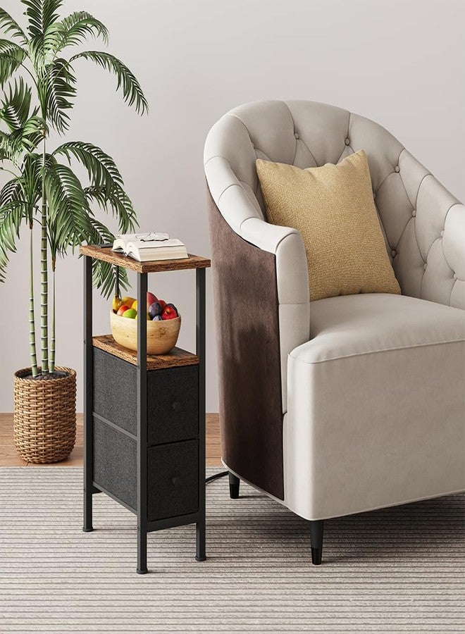VIMBER Narrow Side Table for Small Spaces, Skinny End Table with Charging Station, Sofa Beside Table with 2 Drawers 1 Open Compartment, Slim Nightstand with USB Ports Outlet, Rustic and Brown UTBT005FV2 - Image 1